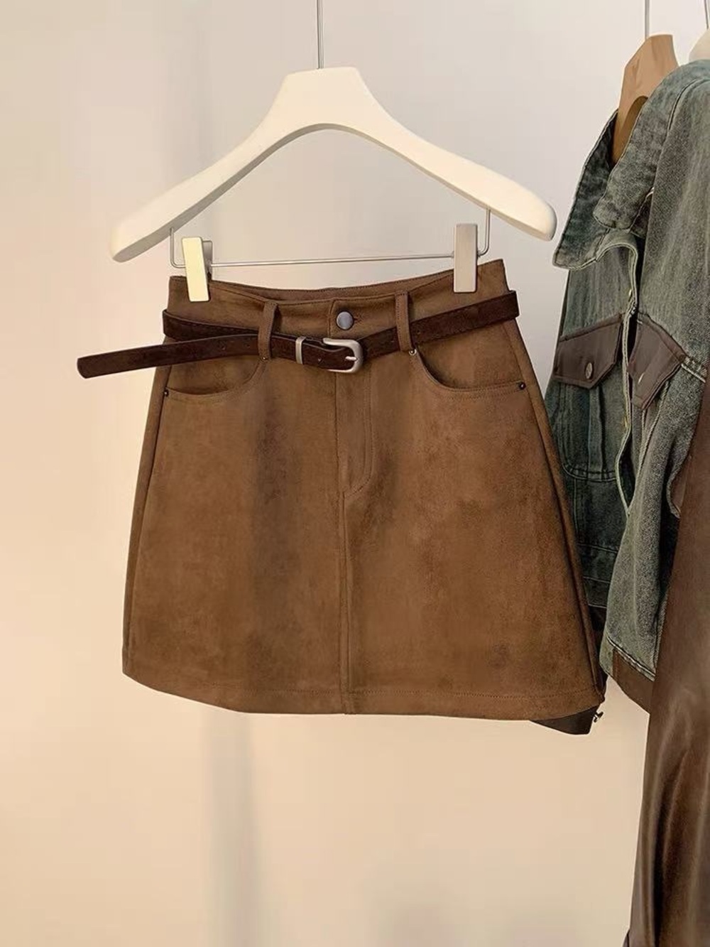 Brown Suede A-Line Mini Skirt with Belt